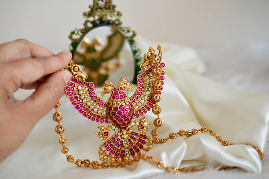 Gold tone pink-green kundan jadau reversible Gandaberunda necklace set dj-52583