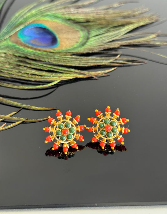 Gold tone coral-green round beaded stud/earrings dj-51599