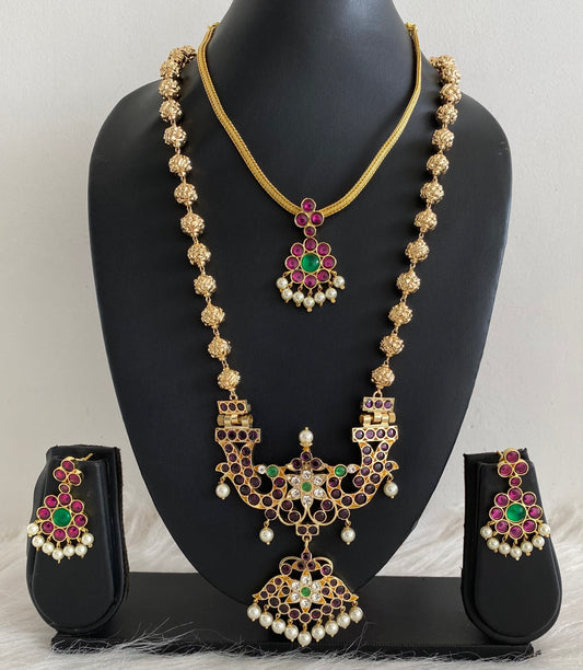 Gold tone precious kemp-green-white pearl peacock nakshi beaded combo set dj-54943