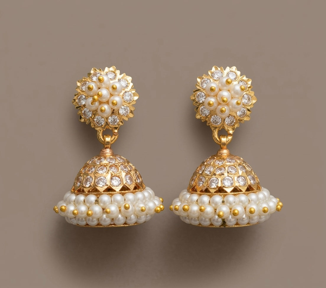 Gold tone ad white pearl south indian jhumkka dj-46467