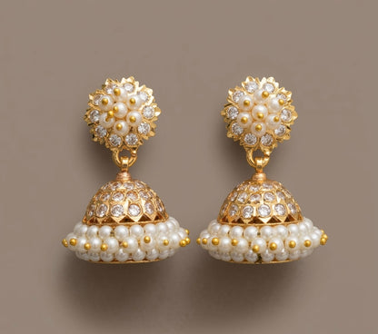 Gold tone ad white pearl south indian jhumkka dj-46467