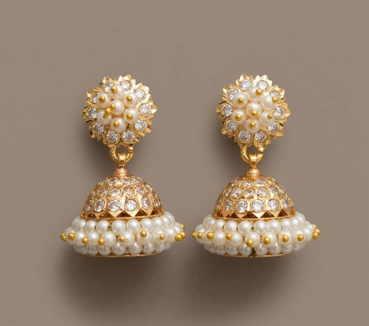 Gold tone ad white pearl south indian jhumkka dj-46467