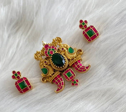 Antique gold tone pink-green kundan jadau peacock pendant set dj-54171