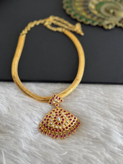 Gold tone South Indian style pink-pearl attigai/necklace dj-52214