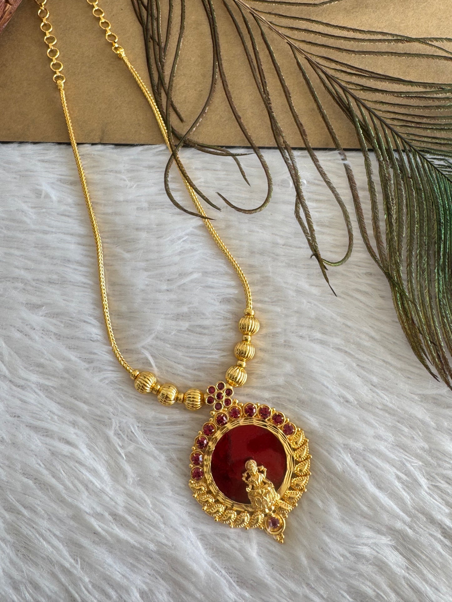 Gold tone pink-red kerala style round kodi Lakshmi necklace dj-51703