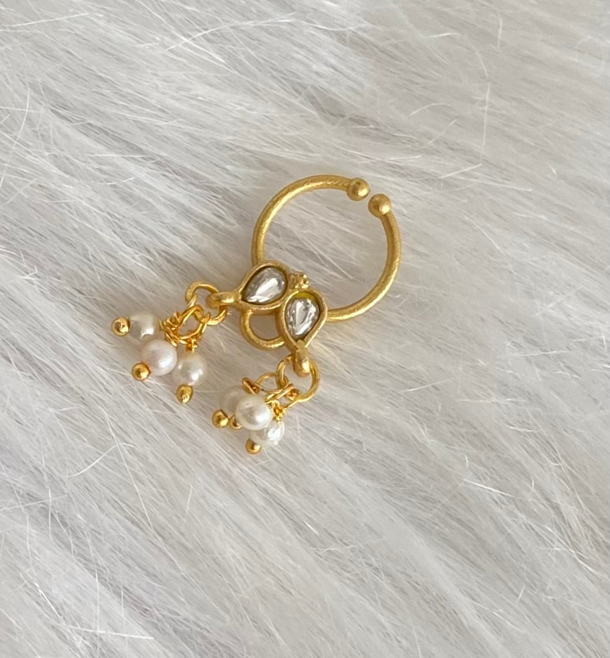 Gold tone kundan jadau white stone pearl nose pin/bulakku dj-53808