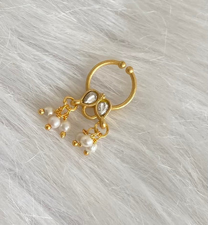 Gold tone kundan jadau white stone pearl nose pin/bulakku dj-53808