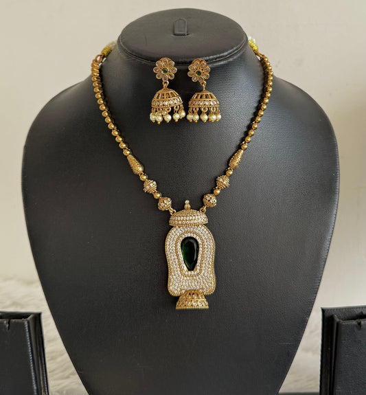 Antique gold tone pink-green-white Kerala style necklace set dj-52619