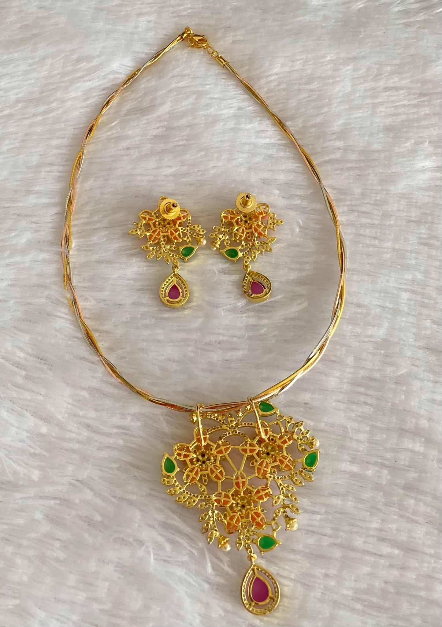 Two tone cz pink-green beaded flower kanti necklace set dj-53097