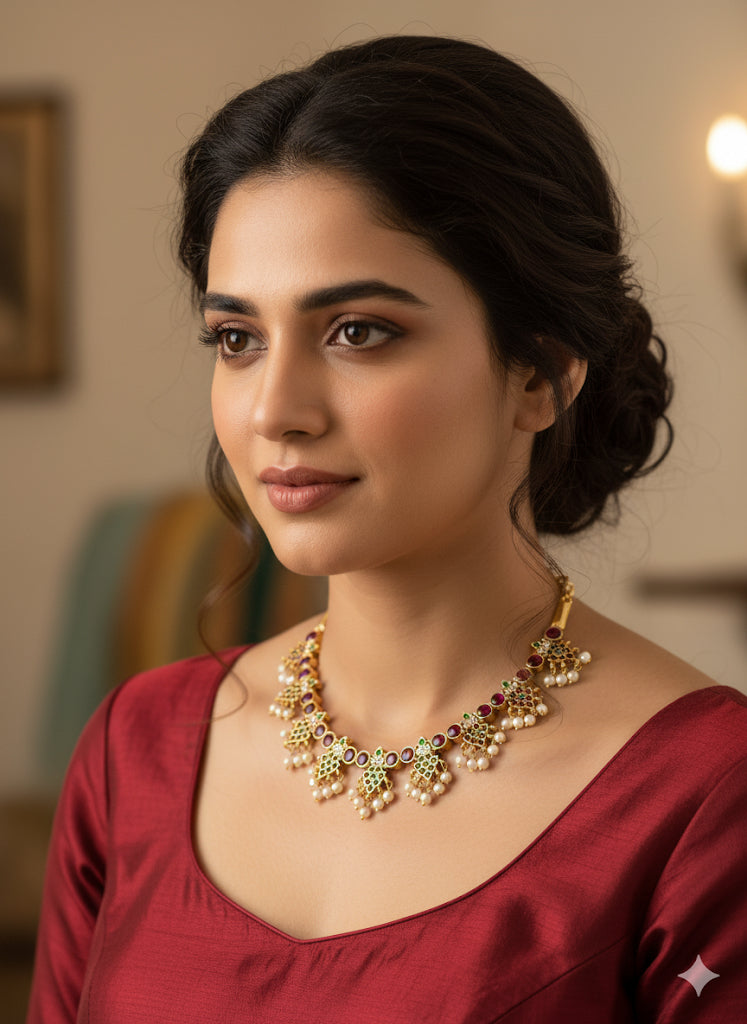 Gold tone precious kemp-green-white pearl necklace dj-52257