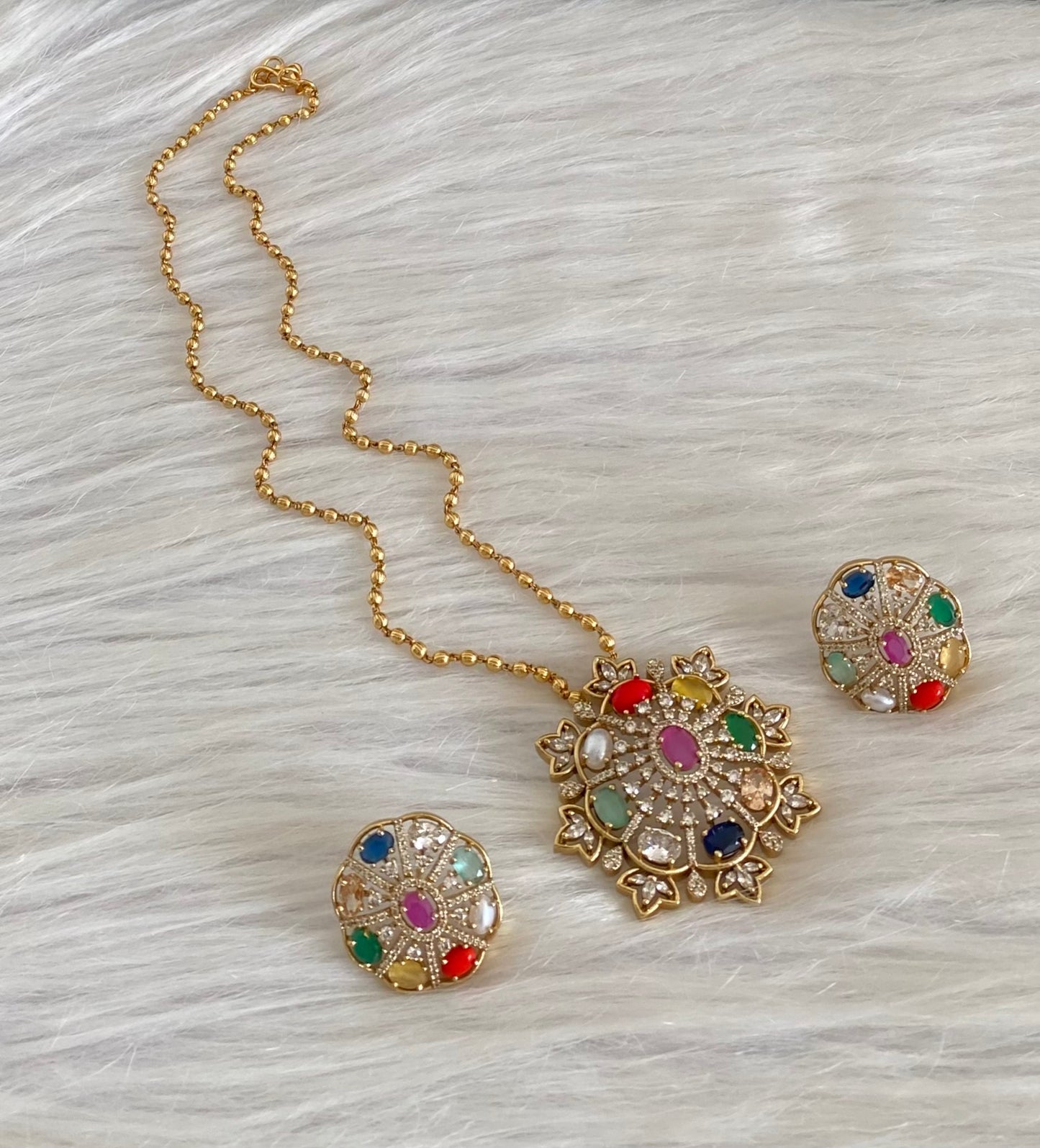 Antique gold tone chain with navarathna pendant set dj-54259