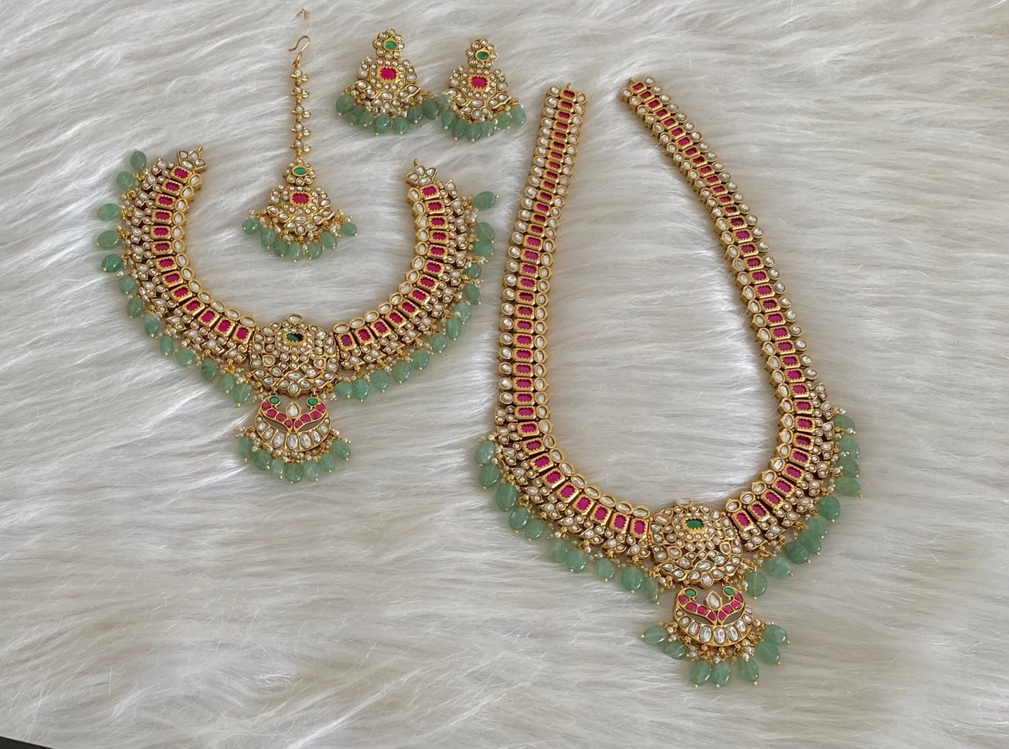 Antique gold tone kundan jadau green beaded bridal set dj-54600