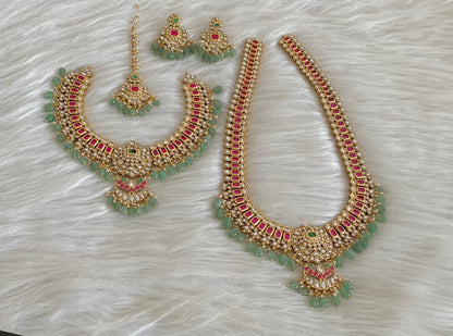 Antique gold tone kundan jadau green beaded bridal set dj-54600