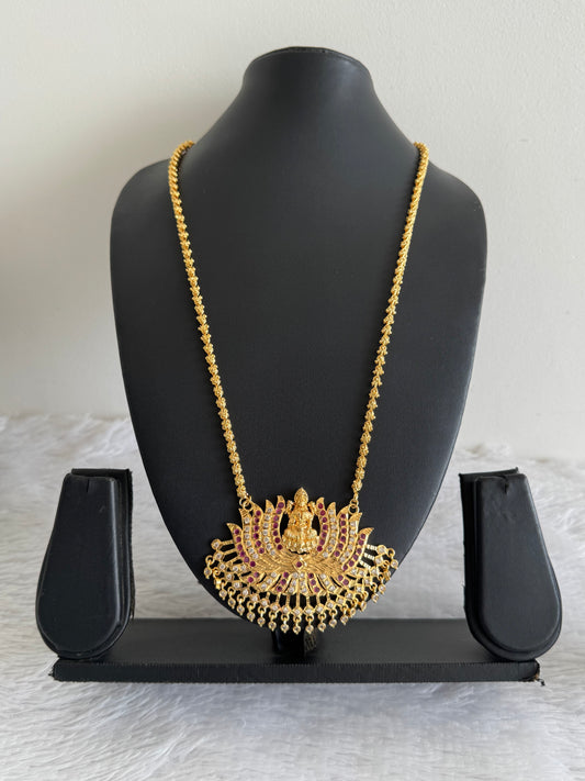 Gold tone ruby-white stone Lakshmi Lotus pendant with chain dj-38638