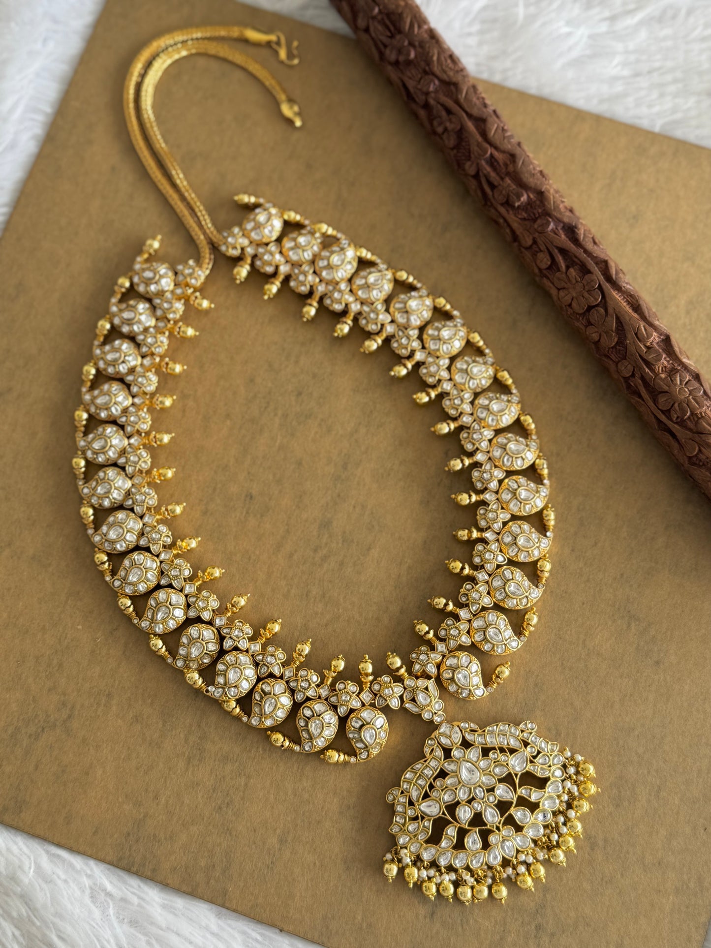 Gold tone White Kundan jadau Mango peacock Haar Dj-51556