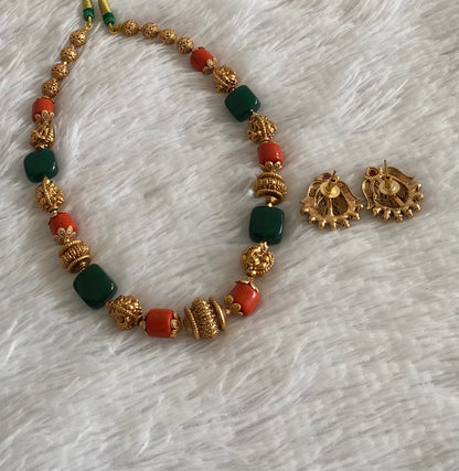 Antique gold tone coral green nakshi beaded lakshmi ganesha necklace set dj-54947