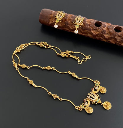 Antique gold tone 18 inches chain thirumal nama-peacock-lakshmi pendant set dj-55007