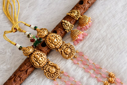 Antique gold tone baby pink beaded lakshmi peacock multi layer haar set dj-52426