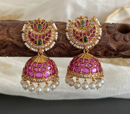Antique gold tone kemp-green-white stone pearl moon jhumkka dj-55094