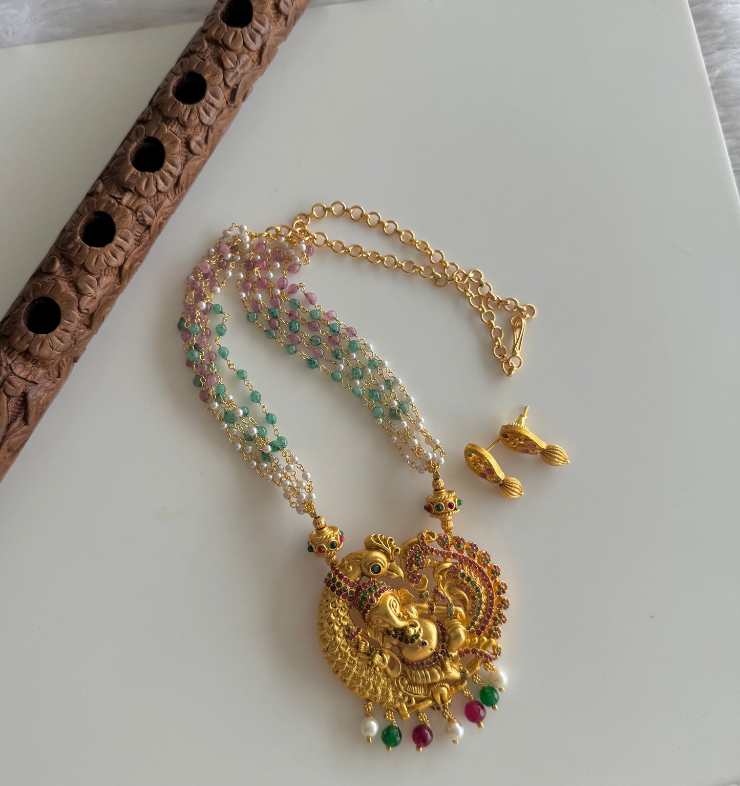 Bright Matte finish ruby-emerald Ganesha-peacock pendant pearl necklace set dj-51431