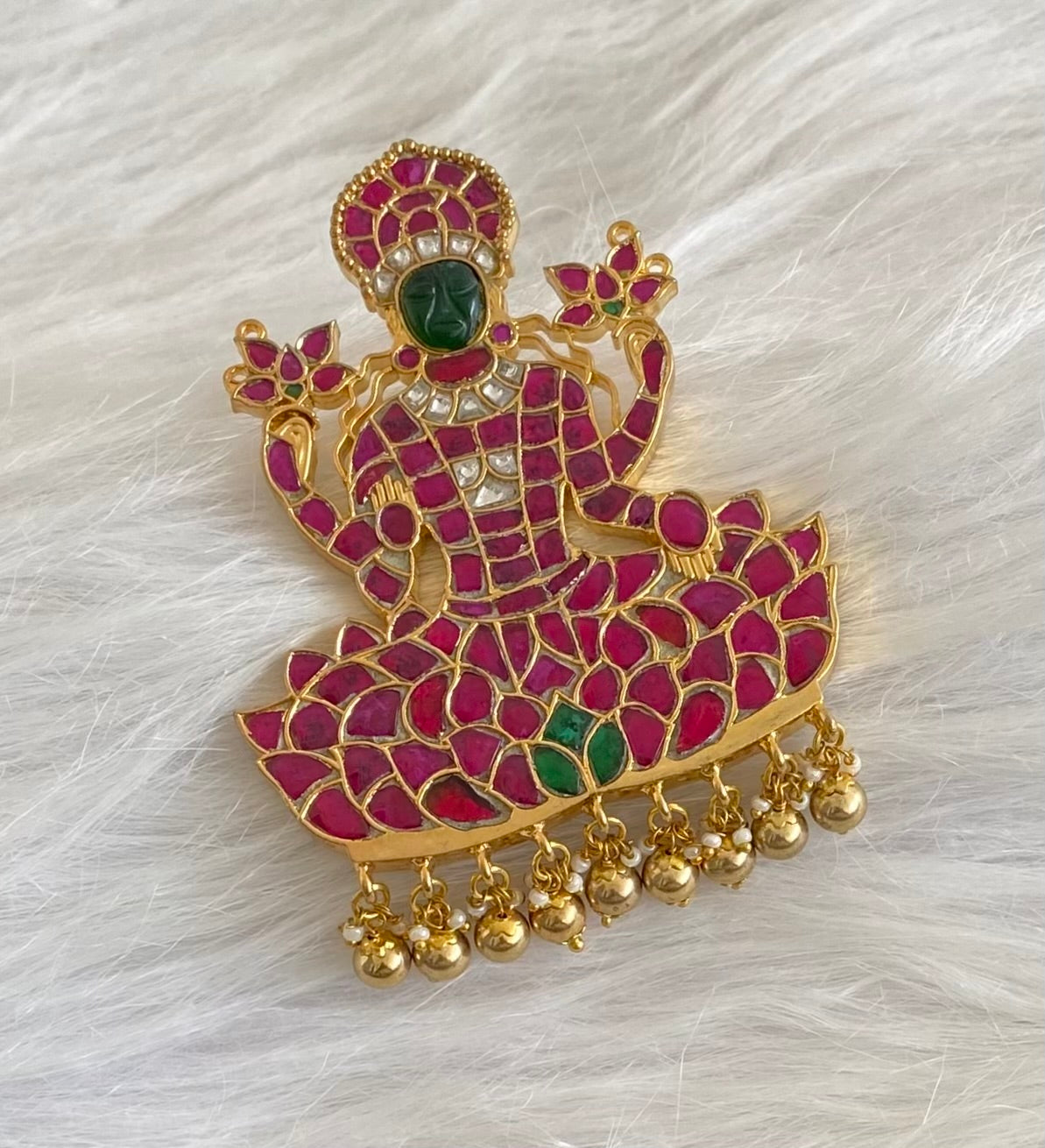 Gold tone pink-green-white kundan jadau lakshmi pendant dj-53844