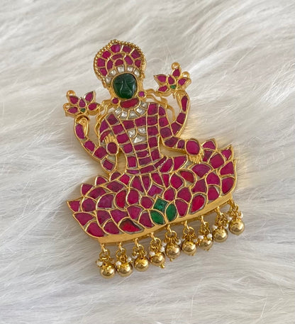 Gold tone pink-green-white kundan jadau lakshmi pendant dj-53844