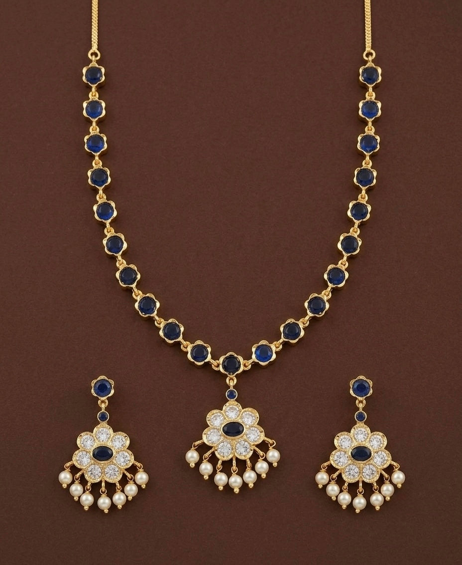 Gold tone blue-white stone pearl necklace set dj-54236