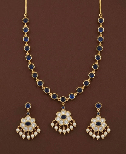 Gold tone blue-white stone pearl necklace set dj-54236