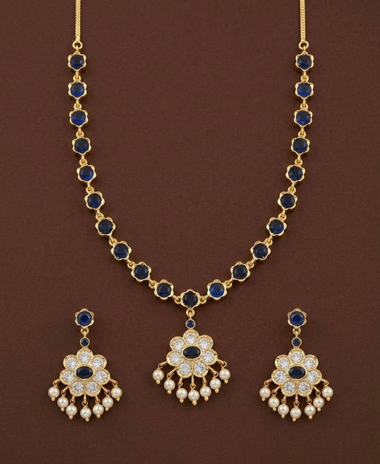 Gold tone blue-white stone pearl necklace set dj-54236