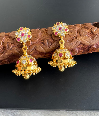 Gold tone ad pink-white south indian flower jhumkka dj-51283
