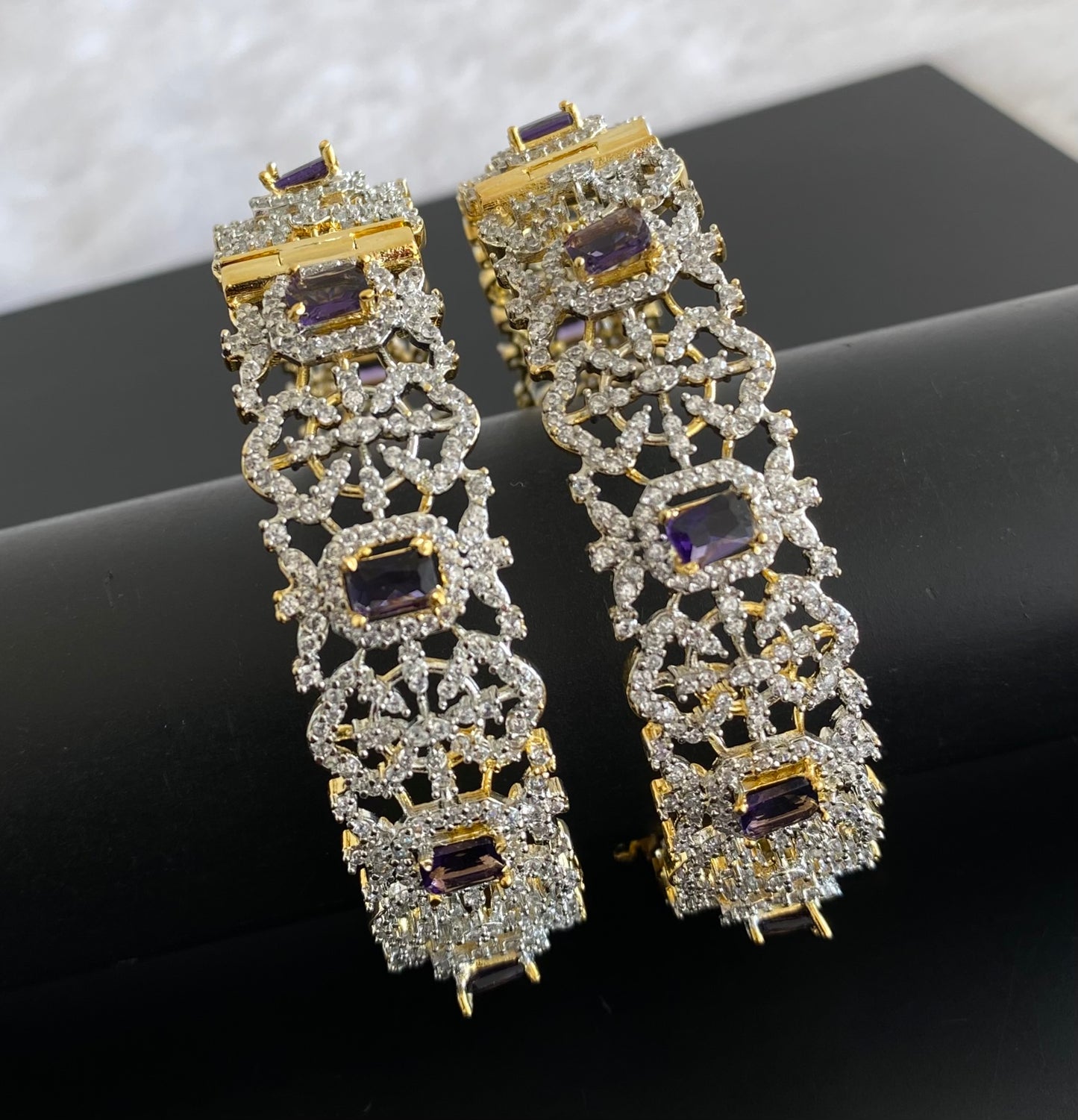Two tone cz-purple block stone openable bangles(2.4) dj-53481