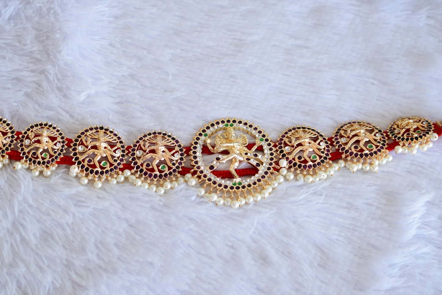 Gold tone precious kemp-green pearl Shri Natarajar waist band dj-52542