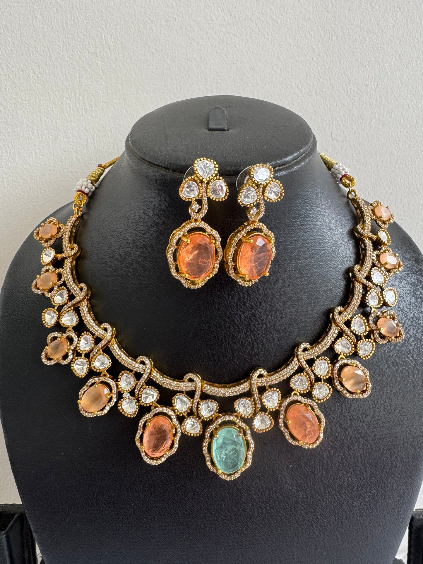 Antique gold tone cz sea green-peach moissanite necklace set dj-51073