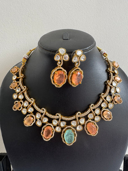 Antique gold tone cz sea green-peach moissanite necklace set dj-51073
