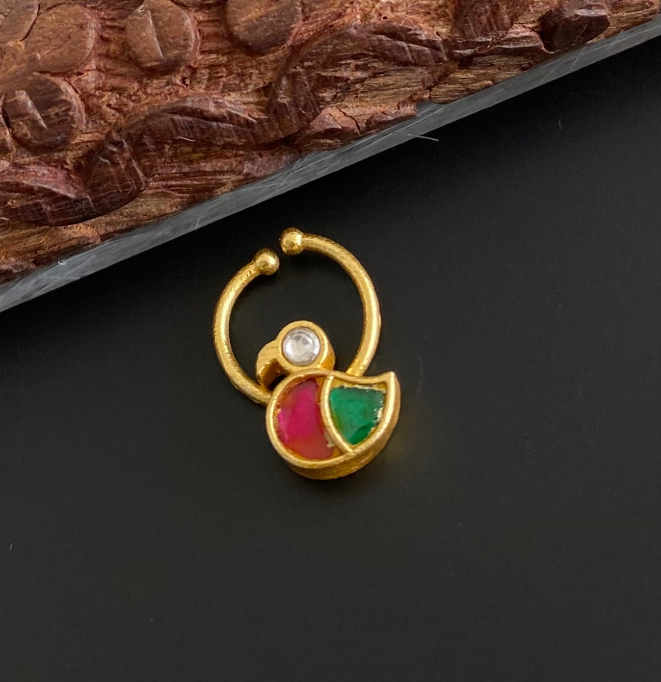 Gold tone kundan jadau pink-green-white stone swan nose pin/bulakku dj-53736