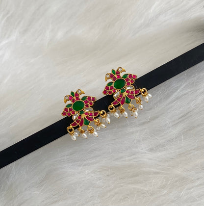 Gold tone kundan jadau rice pearl gandaberunda earrings dj-54507
