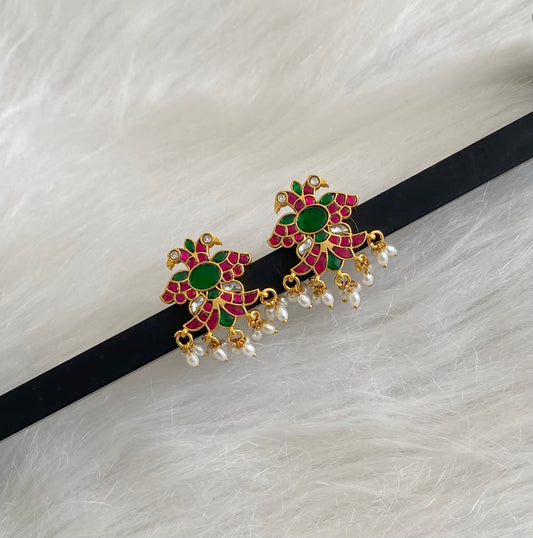 Gold tone kundan jadau rice pearl gandaberunda earrings dj-54507