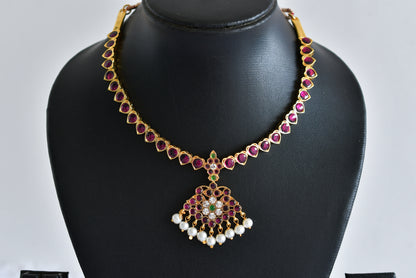 Gold tone precious kemp-green pearl attigai/necklace dj-52252