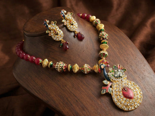 Gold tone maroon beaded meenakari peacock necklace set-dj16078