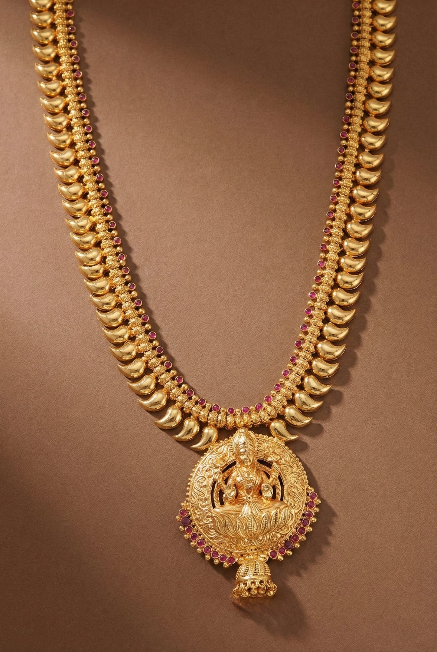 Gold look alike kerala style AD pink lakshmi mango haar dj-51954