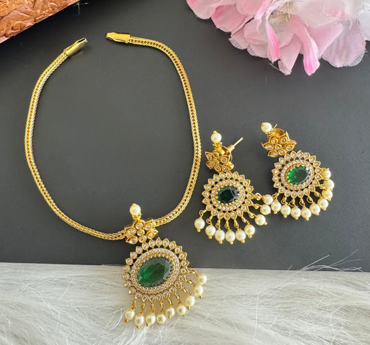 Antique gold tone cz bottle green oval stone necklace set dj-51205