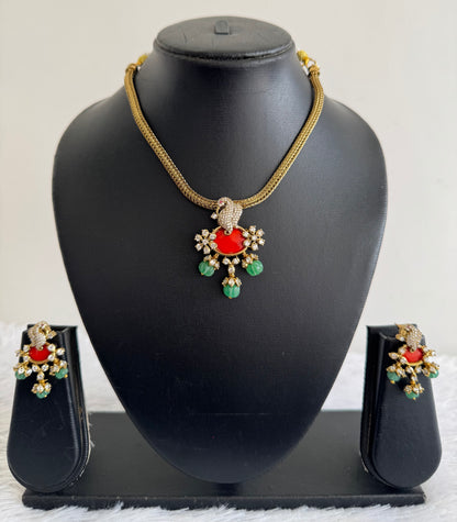 Antique gold tone cz coral-sea green white peacock necklace set dj-52131