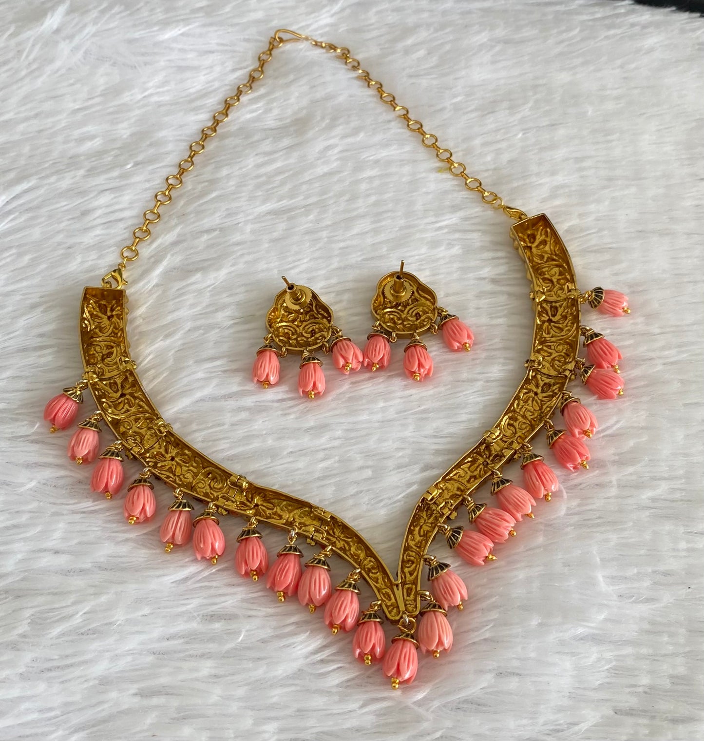 Matte finish pink tulip beaded necklace set dj-54371