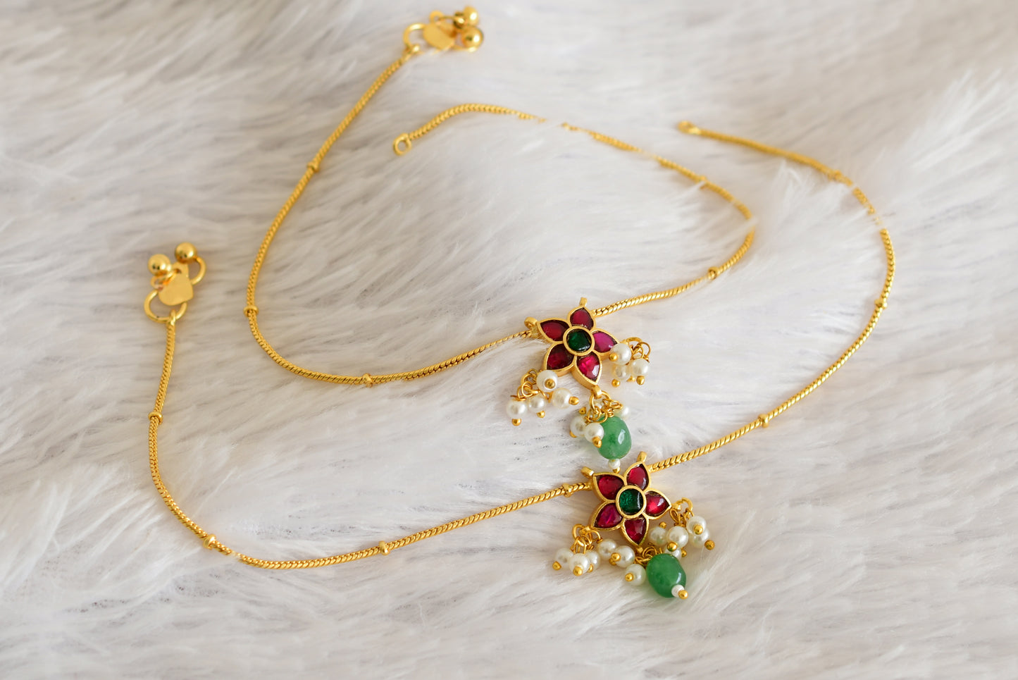 Gold tone pink-green flower kundan jadau anklets dj-52393