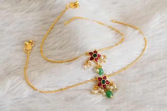 Gold tone pink-green flower kundan jadau anklets dj-52393