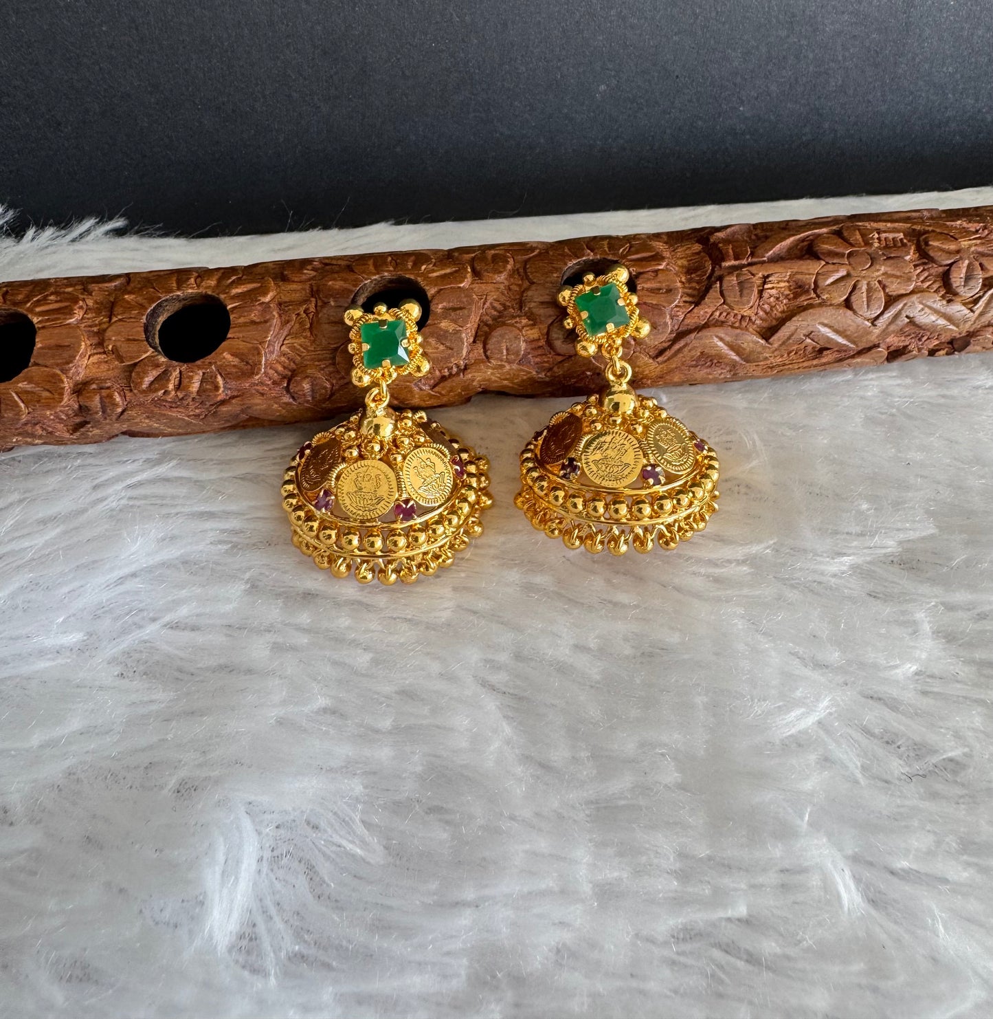 Gold tone green-pink lakshmi coin jhumkka dj-51482