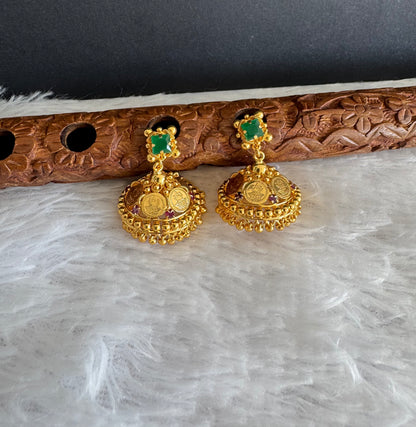 Gold tone green-pink lakshmi coin jhumkka dj-51482