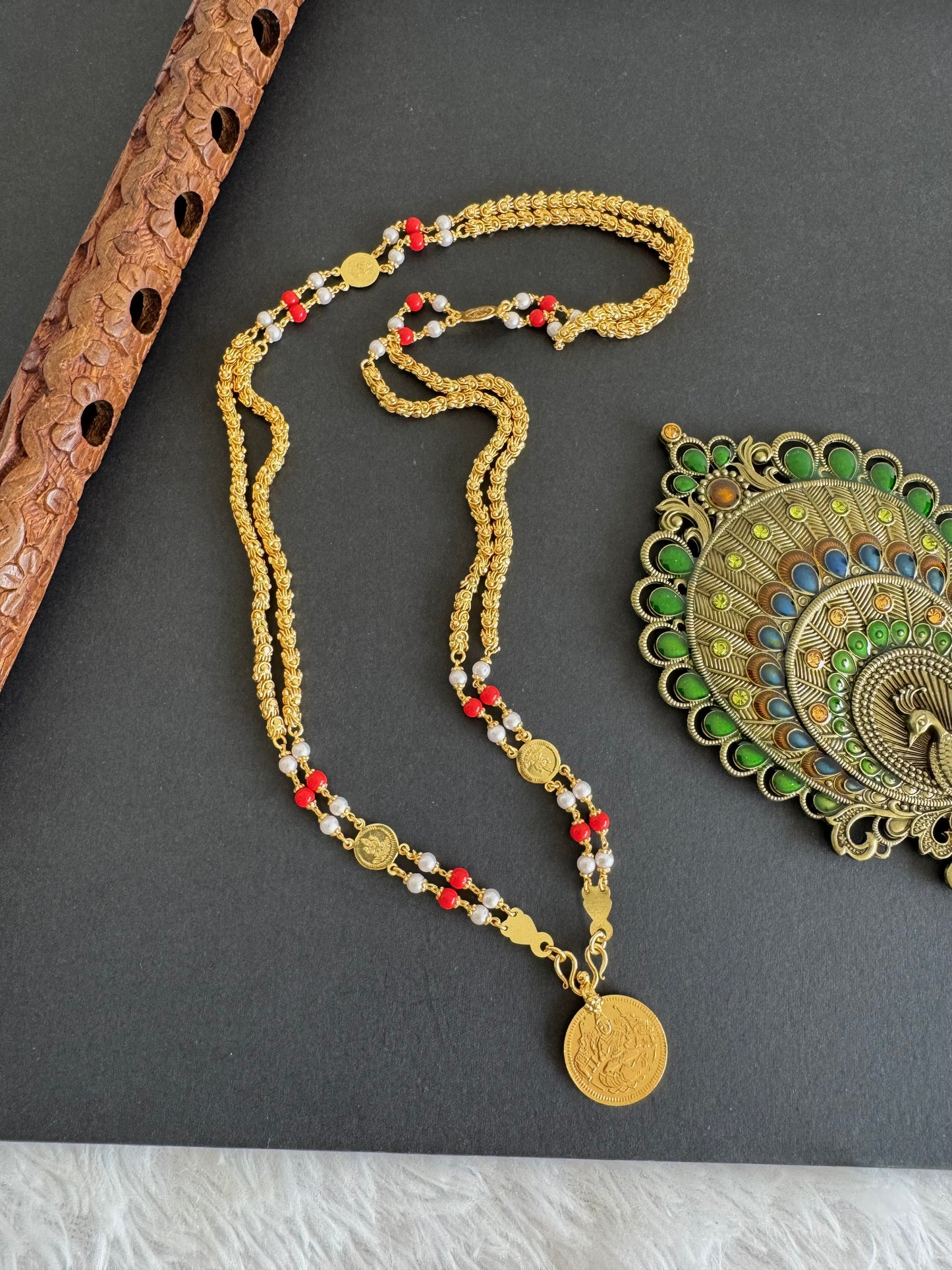 Gold tone coral-pearl lakshmi coin double layer 24 inches chain dj-46621