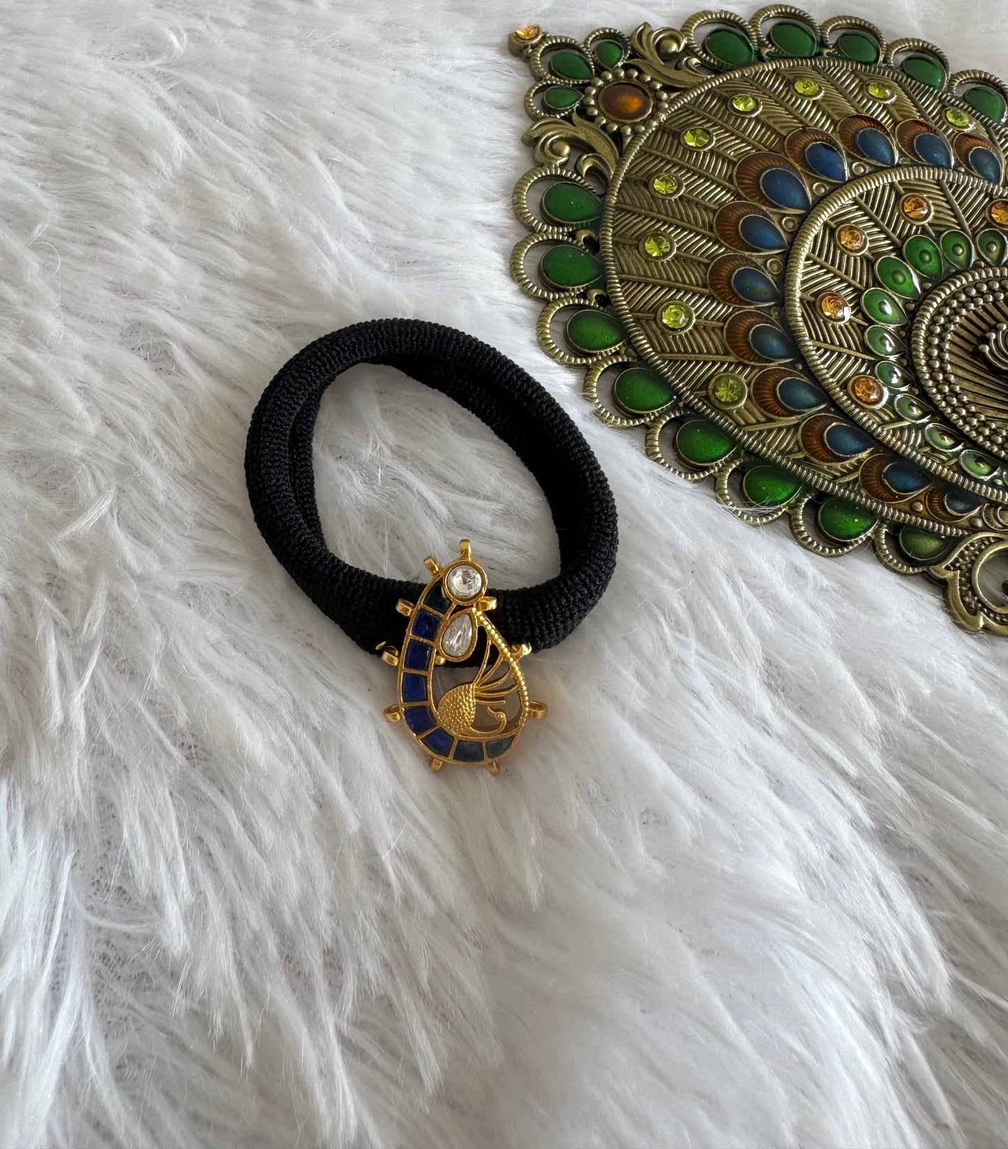 Gold tone blue-green kundan jadau peacock hair band dj-51491