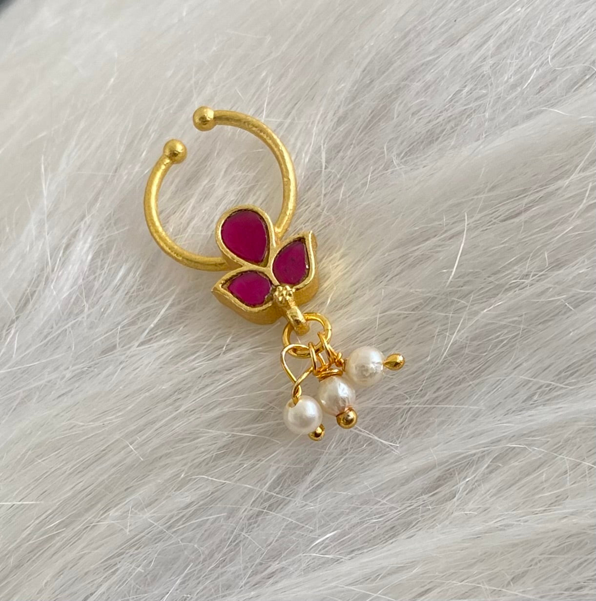 Gold tone kundan jadau pink stone pearl nose pin/bulakku dj-53800